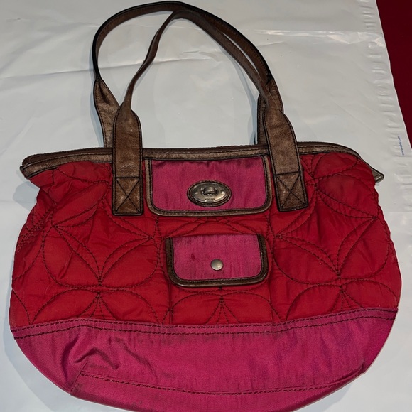 Fossil Key Per RED Handbag Purse Cranberry QUILTED Fabric Brown Leather TOTE 15” - Picture 1 of 14